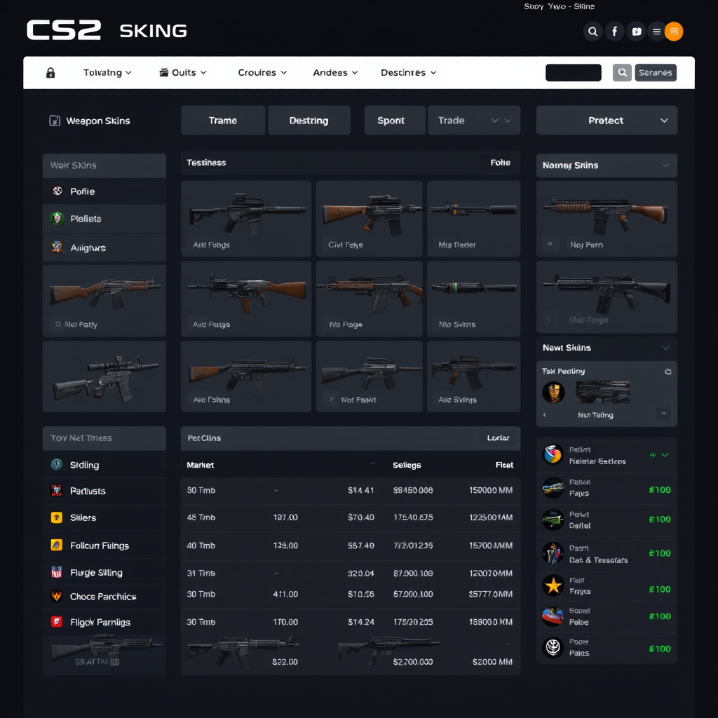CS2 skins trading platform interface showing various weapon skins, market listings, and trading features with modern dark theme design