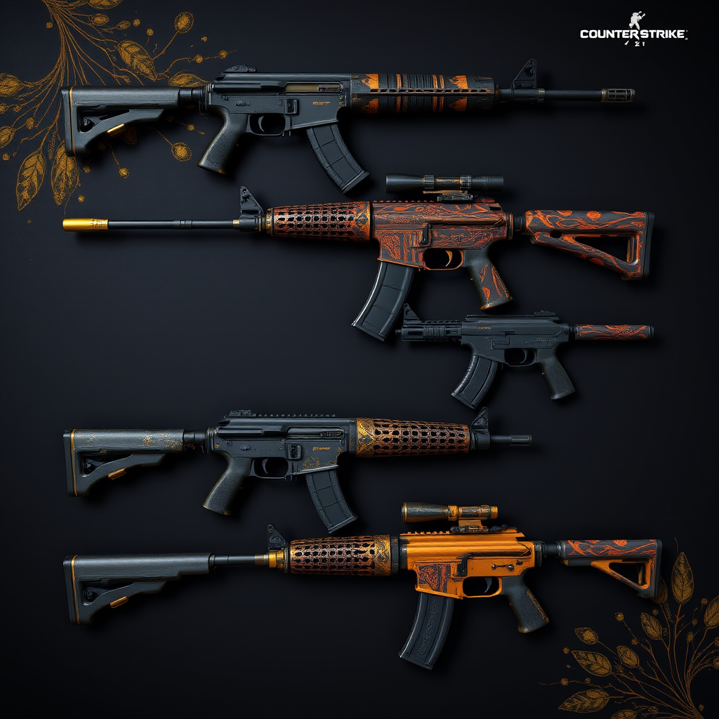 Коллекция самых дорогих скинов Counter-Strike 2 включая AK-47 Fire Serpent, AWP Dragon Lore и другие легендарные скины на темном фоне с золотыми акцентами