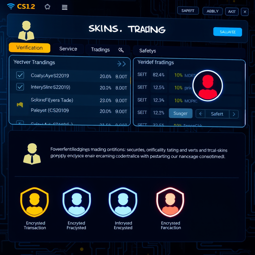 Secure CS2 skins trading interface showing encrypted transactions, user verification badges, and safety features with modern cybersecurity elements
