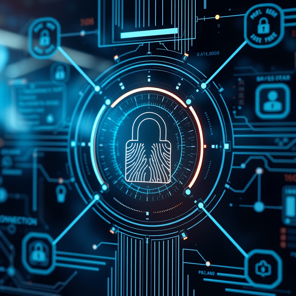 Футуристический интерфейс системы безопасности с биометрическими данными и защищенными соединениями
