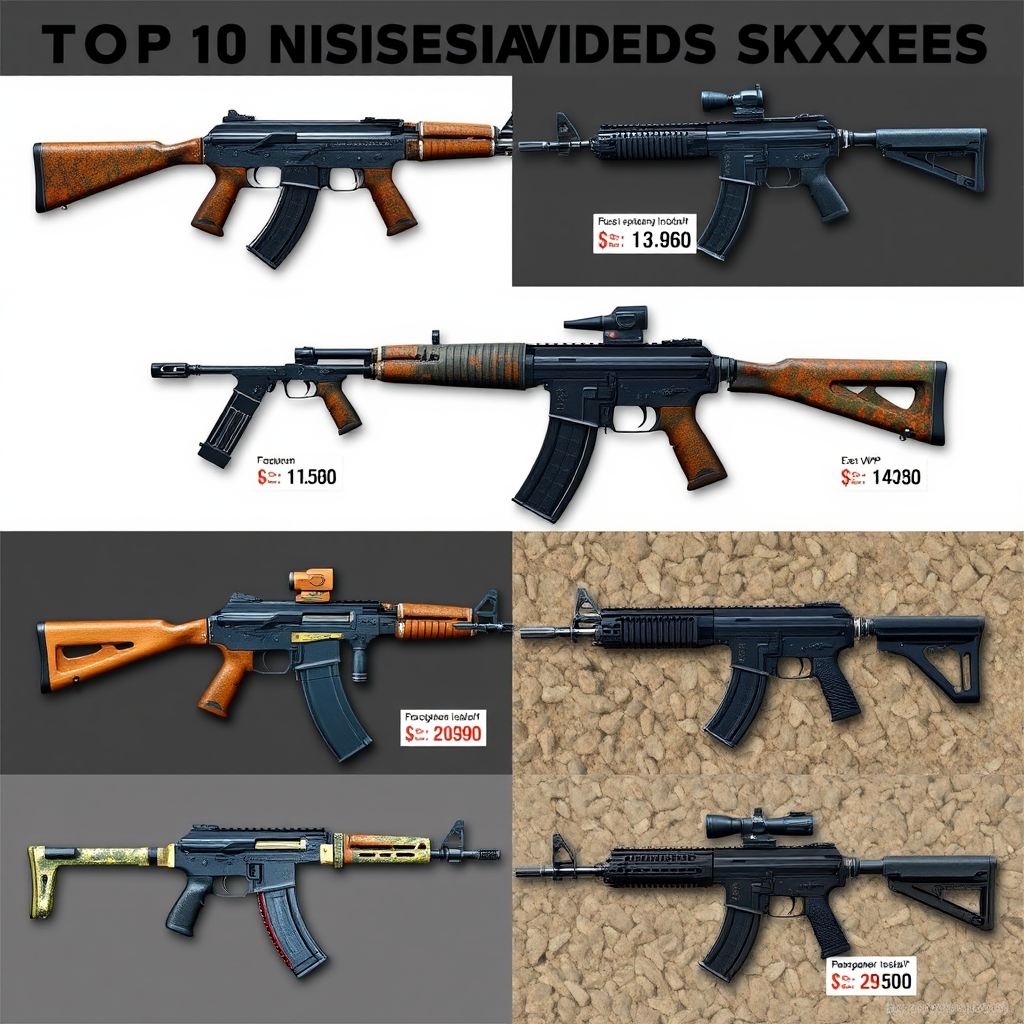 Коллаж из самых дорогих скинов CS2 включая AK-47 и AWP с ценниками в рублях, демонстрирующий топ-10 самых ценных предметов на российском рынке